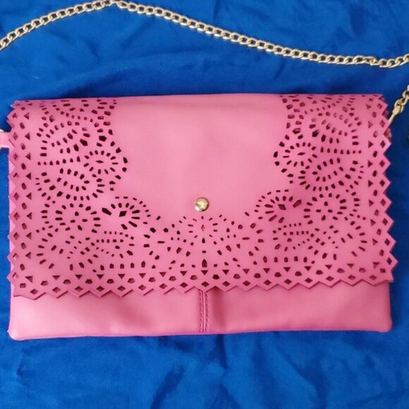 Yoki pink laser cut soft faux leather crossbody bag wristlet clutch - Picture 2 of 16